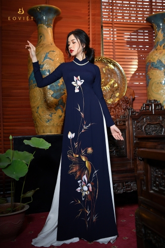 Áo dài họa tiết Hoa sen vẽ cọ sơn mài AD119